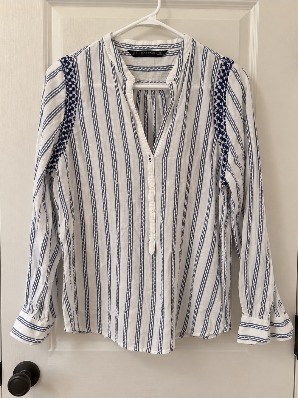 Zara White & Blue Striped Embroidered Peasant Blouse